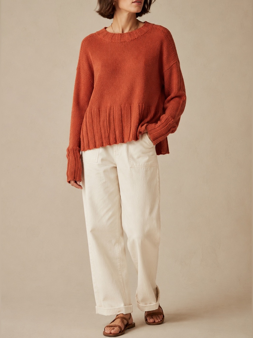 J.Crew Marina Sweater L Toasted Paprika Textured Cotton Ribbed Coastal Knit